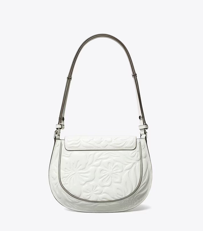 Tory Burch Women's Robinson Floral Embossed Saddlebag Blanc