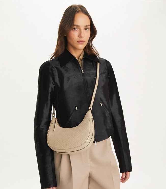 Tory Burch Women's T Monogram Leather Crescent Bag Fresh Clay