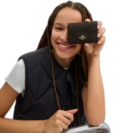 Coach Women's Card Holder Wallet In Blocked Signature Canvas Gold/Walnut/Tan