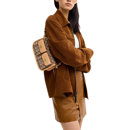 Coach Women's Twin Turnlock Waverly Bag In Signature Jacquard Brass/Khaki Light Peach