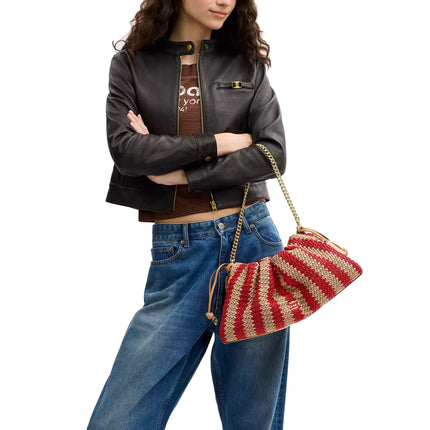 Coach Women's Faye Large Shoulder Bag With Stripes Gold/Red/Tan