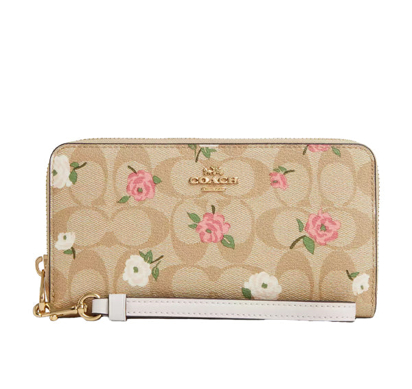 Coach Women's Long Zip Around Wallet In Signature Canvas With Floral Print Gold/Light Khaki Chalk Multi