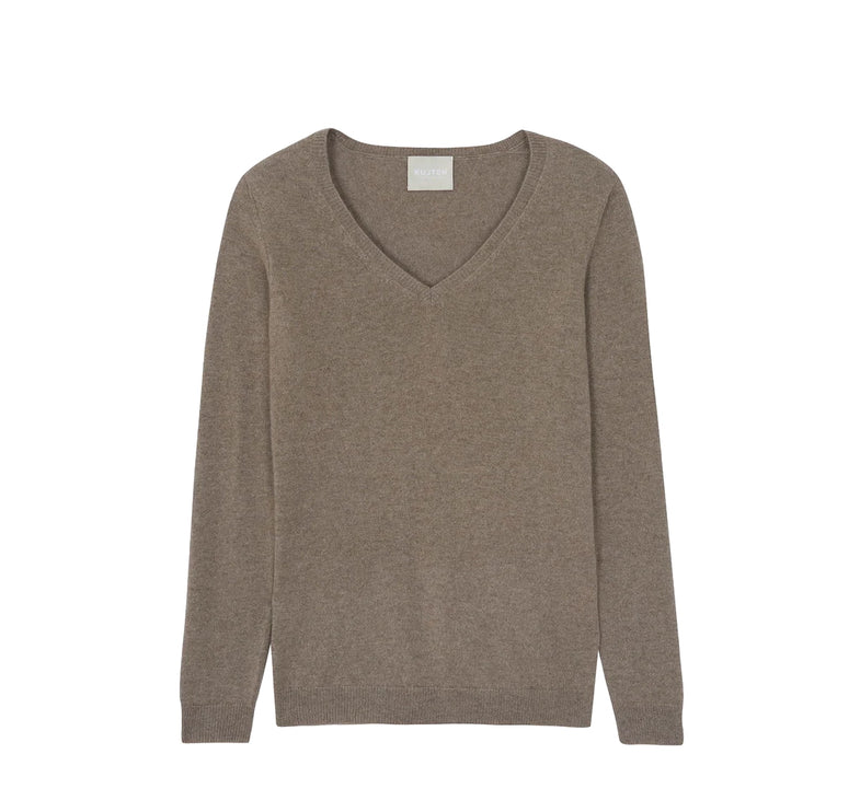 KUJTEN Women's Vicky V-Neck Cashmere Sweater Taupe