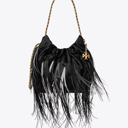 Tory Burch Women's Mini Fleming Feather Hobo Bag Black