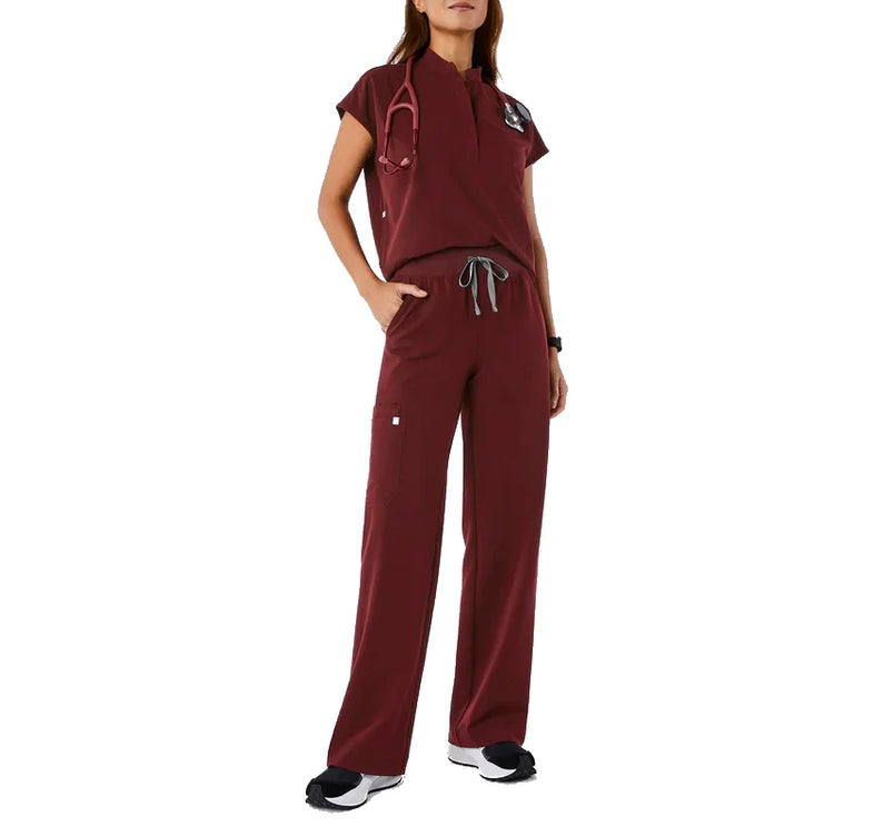 FIGS Women's High Waisted Isabel Wide Leg Scrub Pants Burgundy