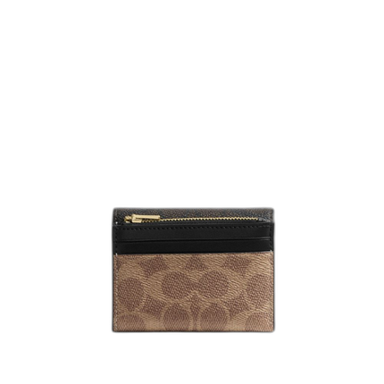 Coach Women's Card Holder Wallet In Blocked Signature Canvas Gold/Walnut/Tan