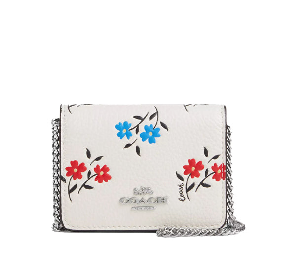 Coach Women's Mini Wallet On A Chain With Floral Print Silver/Chalk Multi
