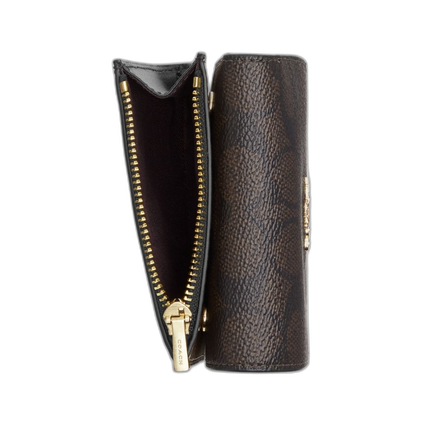 Coach Women's Card Holder Wallet In Blocked Signature Canvas Gold/Walnut/Tan