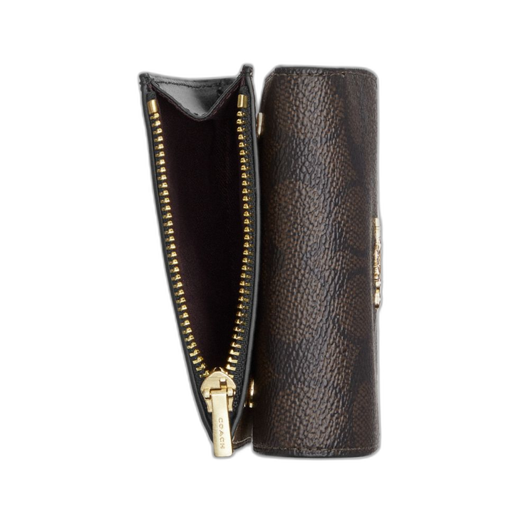 Coach Women's Card Holder Wallet In Blocked Signature Canvas Gold/Walnut/Tan