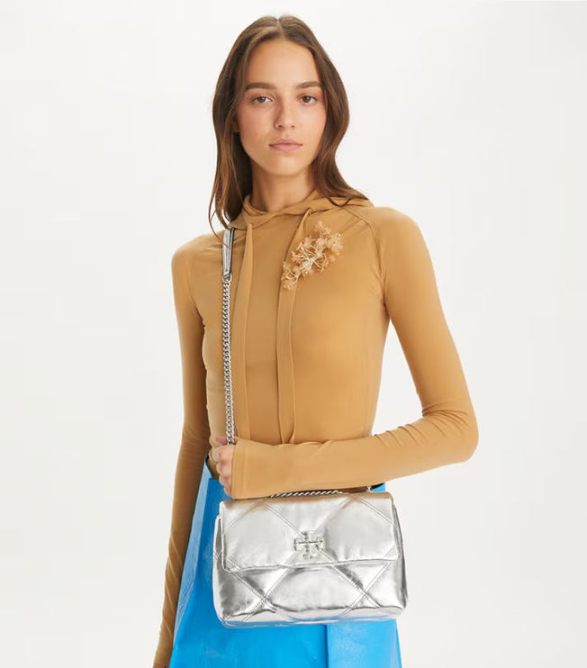 Tory Burch Women's Small Kira Diamond Quilt Metallic Convertible Shoulder Bag Silver