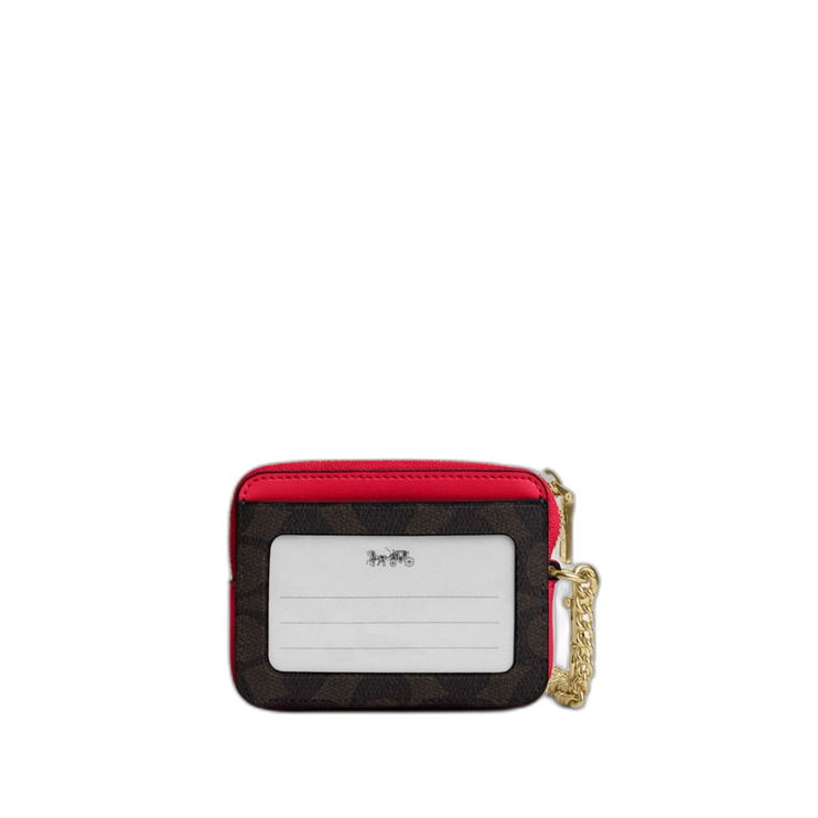 Coach Women's Zip Card Case In Signature Canvas Gold/Walnut/Bold Red