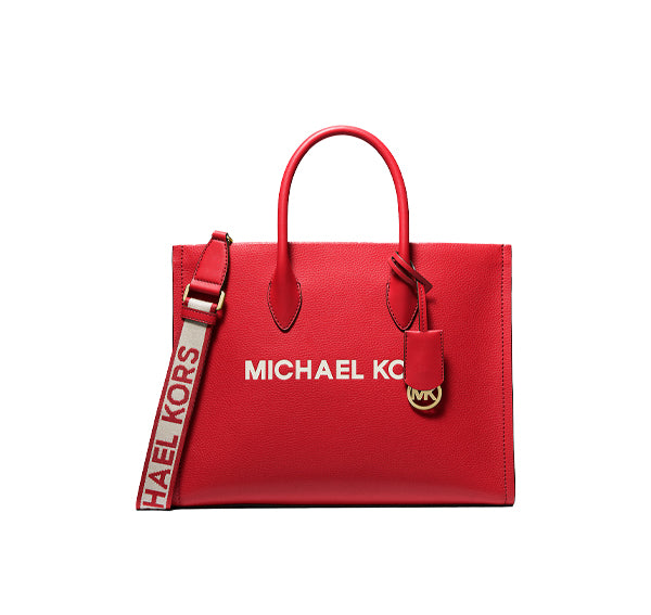 Michael Kors Women's Mirella Medium Pebbled Leather Tote Bag Bright Red