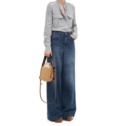 Chloé Women's Small Woody Basket in Natural Fibers Black/Beige