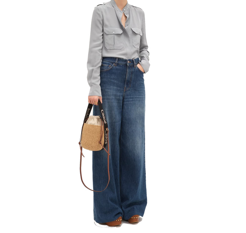 Chloé Women's Small Woody Basket in Natural Fibers Black/Beige