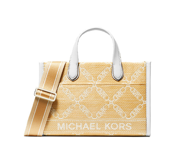 Michael Kors Women's Gigi Small Empire Logo Jacquard Straw Messenger Bag Nat Optick White