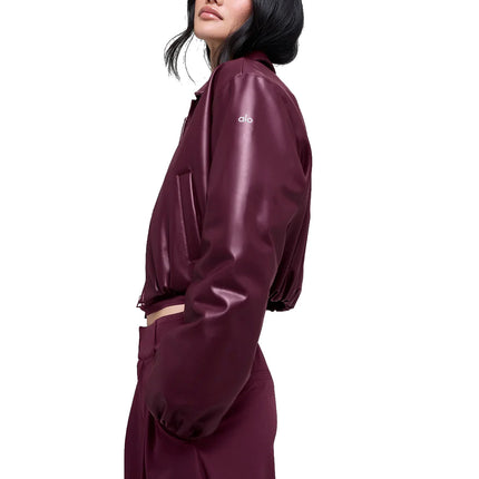 alo Women's Faux Leather Cropped Premier Bomber Burgundy
