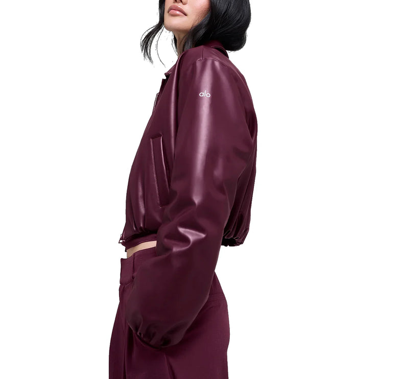 alo Women's Faux Leather Cropped Premier Bomber Burgundy