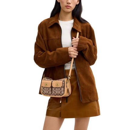 Coach Women's Twin Turnlock Waverly Bag In Signature Jacquard Brass/Khaki Light Peach