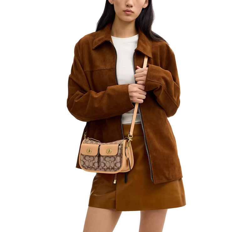 Coach Women's Twin Turnlock Waverly Bag In Signature Jacquard Brass/Khaki Light Peach
