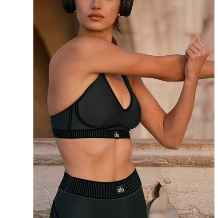 alo Women's Airlift Line Up Bra Charcoal Green