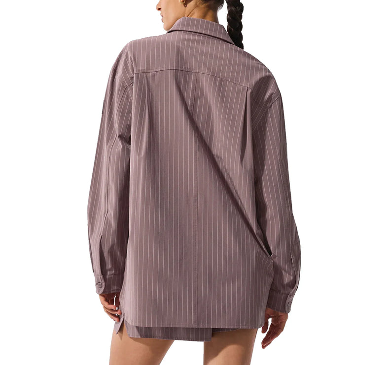 alo Women's Pinstripe Daylight Button Down Long Sleeve Mushroom/Ivory