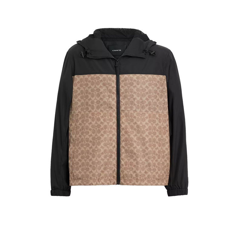 Coach Men's Signature Full Zip Windbreaker In Recycled Polyester Tan Signature