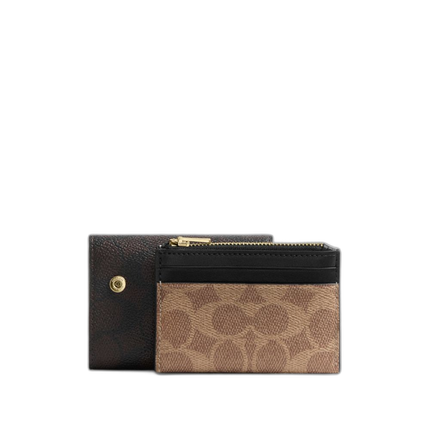 Coach Women's Card Holder Wallet In Blocked Signature Canvas Gold/Walnut/Tan