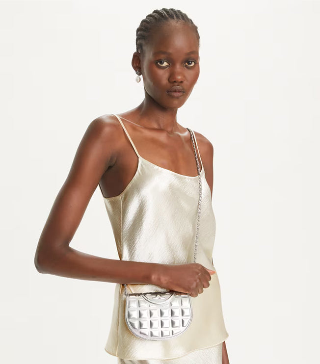 Tory Burch Women's Mini Fleming Metallic Square Quilt Crossbody Silver