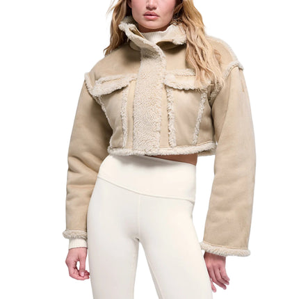 alo Women's Faux Shearling Snowfall Cropped Jacket Woodland Tan
