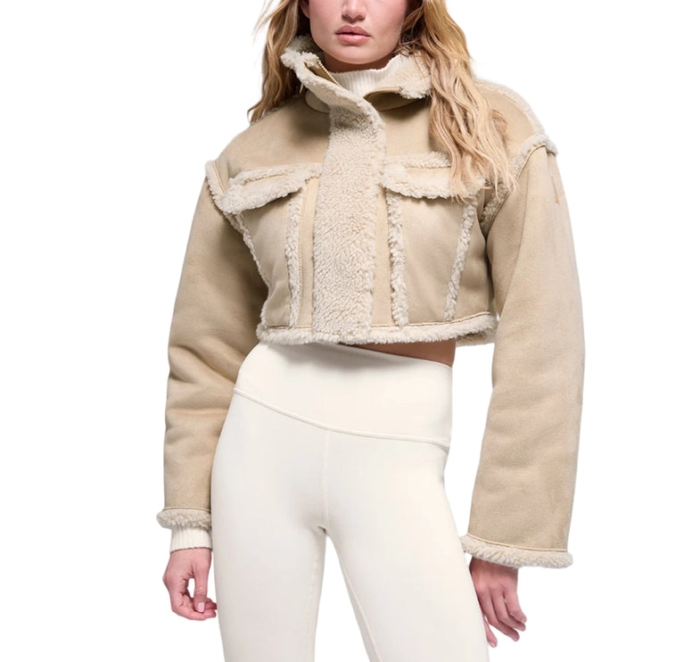 alo Women's Faux Shearling Snowfall Cropped Jacket Woodland Tan