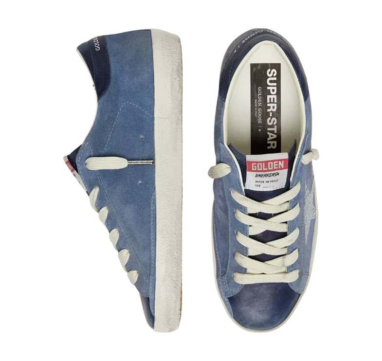 Golden Goose Women's Super-Star Star in Denim Blue Suede with Silver Glitter Star