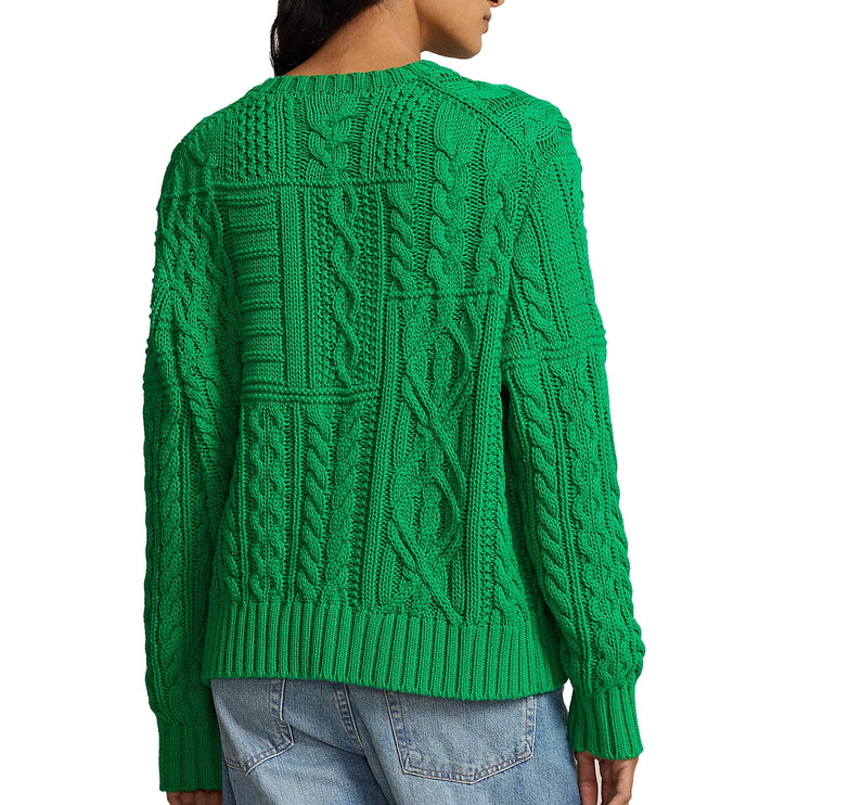 Polo Ralph Lauren Women's Aran Knit Flag Cotton Sweater Stem Green