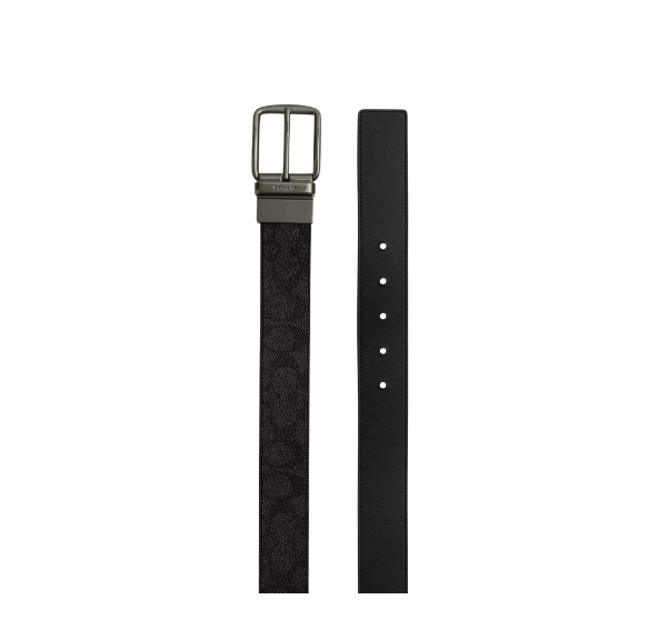 Coach Men's Boxed Plaque And Harness Buckle Cut To Size Reversible Belt 38 Mm Signature Canvas/Gunmetal/Charcoal/Black