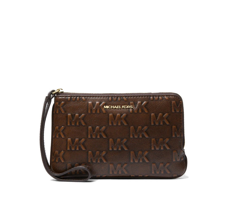 Michael Kors Women's Jet Set Travel Small Burnished Logo Embossed Wristlet Chocolate
