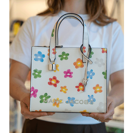 Marc Jacobs Women's Mini Grind Branded Floral Print Leather Tote Bag Marshmallow