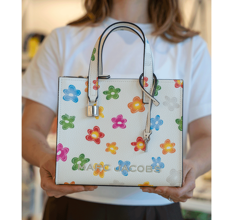 Marc Jacobs Women's Mini Grind Branded Floral Print Leather Tote Bag Marshmallow