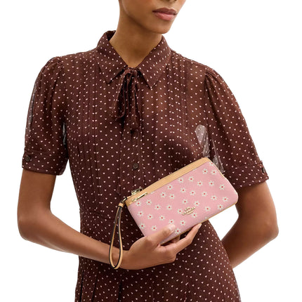 Coach Women's Double Zip Wristlet With Floral Print Gold/Pink Multi