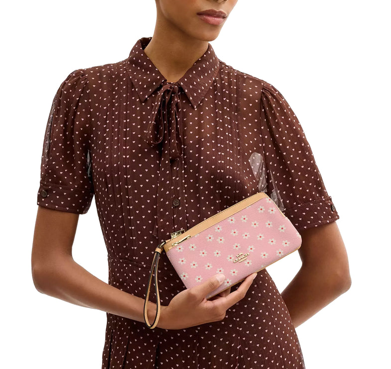Coach Women's Double Zip Wristlet With Floral Print Gold/Pink Multi