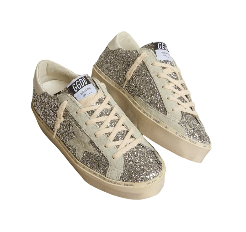 Golden Goose Women's Hi Star in Silver Glitter with Suede Star and white Heel Tab