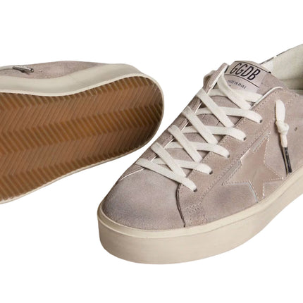 Golden Goose Women's Hi Star sneakers in Beige Suede with Laminated Leather Star and Glitter Heel Tab