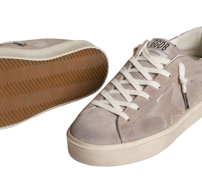 Golden Goose Women's Hi Star sneakers in Beige Suede with Laminated Leather Star and Glitter Heel Tab
