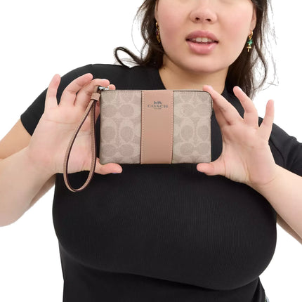 Coach Women's Corner Zip Wristlet In Signature Canvas With Stripe Silver/Sand/Taupe