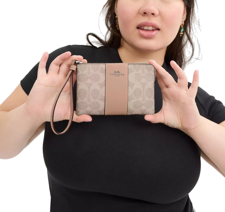 Coach Women's Corner Zip Wristlet In Signature Canvas With Stripe Silver/Sand/Taupe