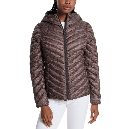 Michael Kors Women's Chevron Logo Print Quilted Nylon Reversible Jacket Black/Brown Logo