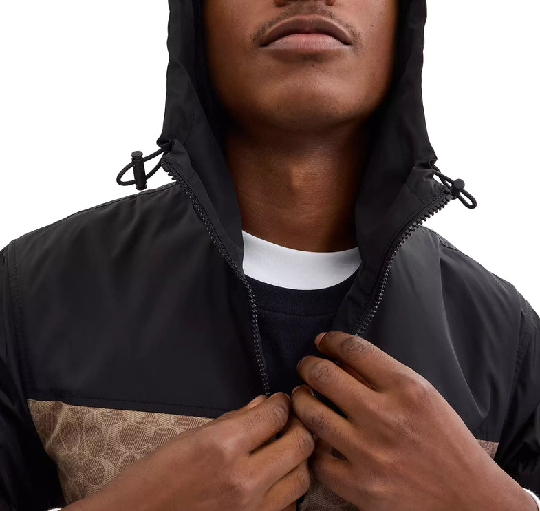 Coach Men's Signature Full Zip Windbreaker In Recycled Polyester Tan Signature