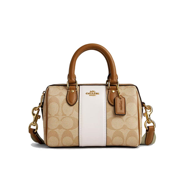 Coach Women's Mini Rowan Crossbody In Signature Canvas With Stripe Gold/Light Khaki/Chalk Light Saddle