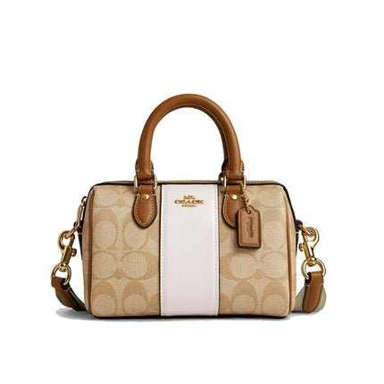 Coach Women's Mini Rowan Crossbody In Signature Canvas With Stripe Gold/Light Khaki/Chalk Lt Saddle - Hemen Kargoda