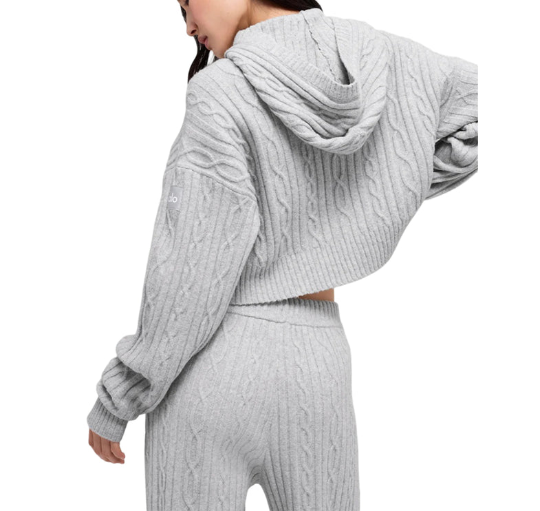 alo Women's Cable Knit Winter Bliss Hoodie Athletic Heather Grey