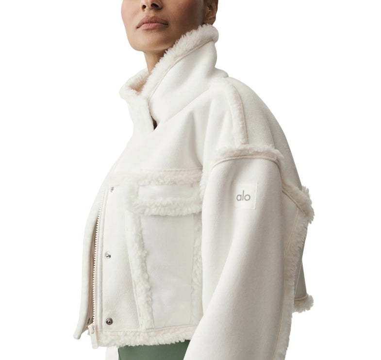 alo Women's Faux Shearling Snowfall Cropped Jacket Ivory