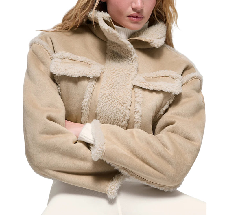 alo Women's Faux Shearling Snowfall Cropped Jacket Woodland Tan